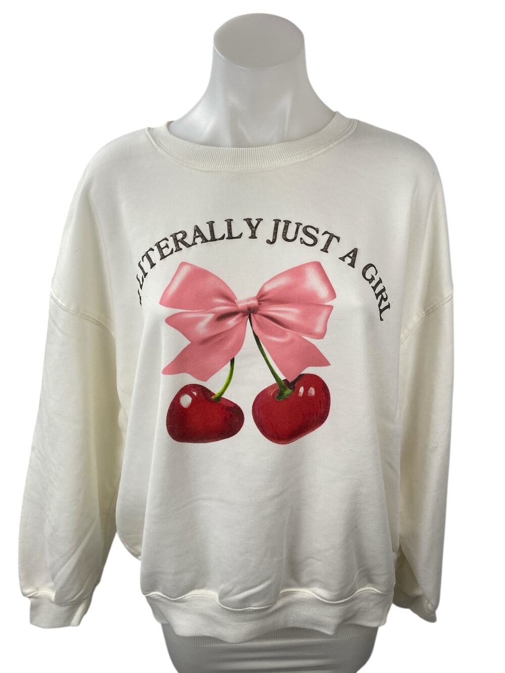 Wound Up Cream Cherry Bow Fleece Just A Girl Long Sleeve Sweatshirt Top Size L